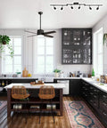 Modern kitchen with Dope Six Light Head Adjustable LED Track Lighting Kit With Three Bar Layout And Flexible Arms, matte black finish.