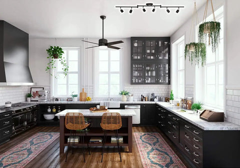 Modern kitchen with Dope Six Light Head Adjustable LED Track Lighting Kit With Three Bar Layout And Flexible Arms, matte black finish.