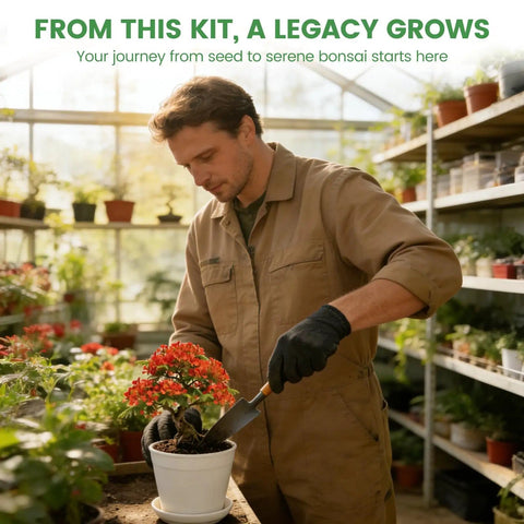 Man gardening with Beginner Bonsai Kit With Five Seed Packets Five Grow Pots And Essential Tools For Indoor Bonsai Growth