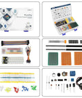 Electronic Component Fun Kit With Ebook Upgrade Starter Kit includes assorted resistors, LEDs, breadboard, wires, and PCBs.