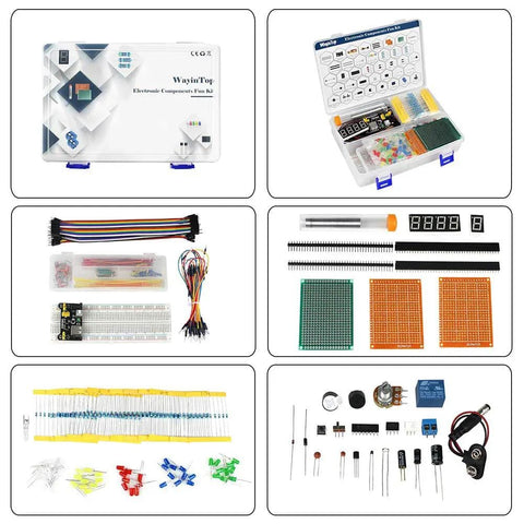 Electronic Component Fun Kit With Ebook Upgrade Starter Kit includes assorted resistors, LEDs, breadboard, wires, and PCBs.