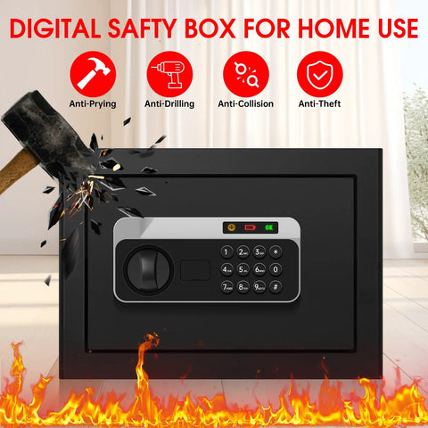 1.3 Cu Ft Fireproof And Waterproof Safe Box with digital lock, hammer impact illustration, fire, and anti-theft features