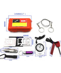 Portable 8 In 1 SOS Survival Kit for Camping and Hiking, orange airtight case with tools including compass, wire saw, and flashlight.