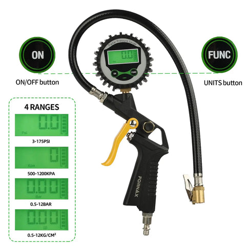 Digital pressure gauge with hose and blow gun for Essential Heavy Duty Compressor Accessory Kit Loaded With A Digital Tire Inflator.