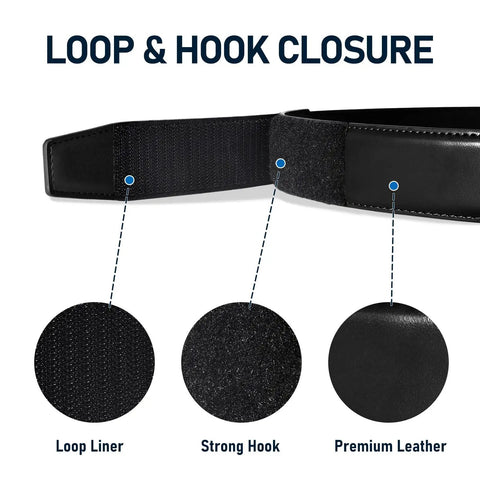 Buckle Free Leather Work Belt For Men Featuring Hook And Loop Closure, showcasing loop liner, strong hook, and premium leather.