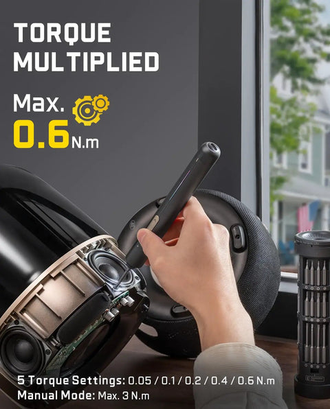 Hand using Tiny But Mighty Ultra Mini Cordless Electric Screwdriver with 0.6 Nm torque and 270 RPM NeoPulse motor on electronic device