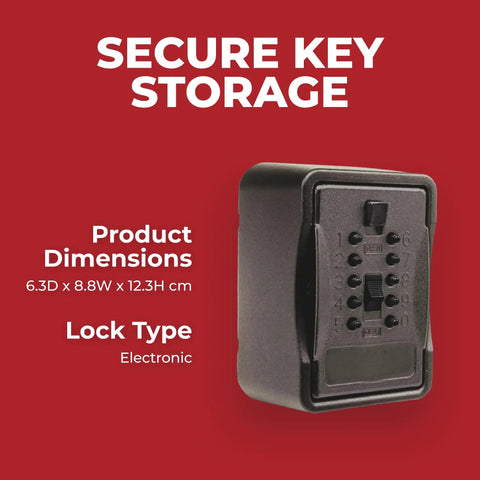 AccessPoint KeySafe Pro Heavy Duty Push Button Lockbox With Cover Black Over 1000 Combinations shown with dimensions and secure storage label