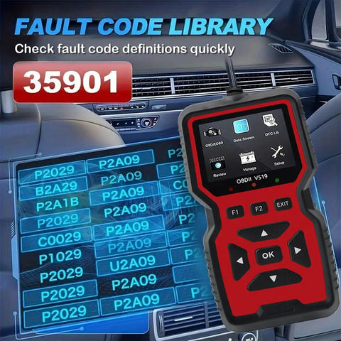 Must Have OBD2 Scanner Diagnostic Tool with Check Engine Code Reader displayed in a car interior with fault code library.