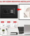 Wall-mounted compact 1.3 cu ft fire safe with digital keypad, anti-theft security safe box for home use, shown in office setting.