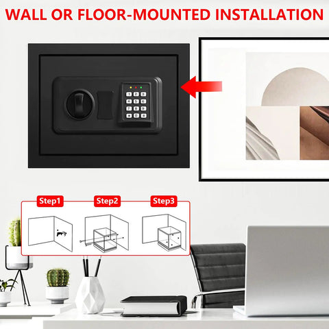 Wall-mounted compact 1.3 cu ft fire safe with digital keypad, anti-theft security safe box for home use, shown in office setting.