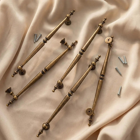 Antique Brass Cabinet Pulls 7.56 Inch Center-To-Center, 6.02 Inch Long Vintage Drawer Handles with screws on fabric