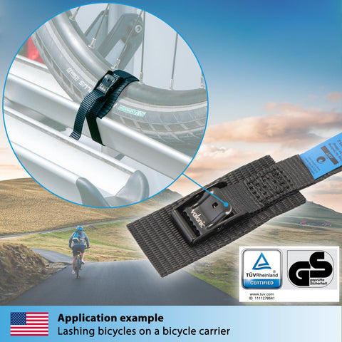 Short Lashing Straps With Padded Webbing, 4 Pack, 1 Ft Each, 350 Lbs Break Strength, Cam Buckle securing bike on rack