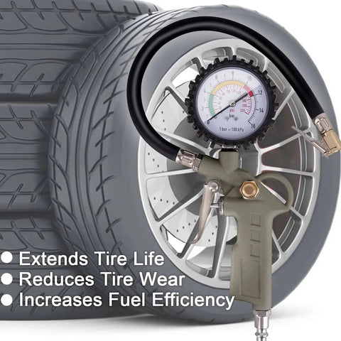 Heavy Duty Tire Inflator with 0-220 PSI Dial Gauge Durable Rubber Hose and Quick Coupler Precision Tire Pressure Tool