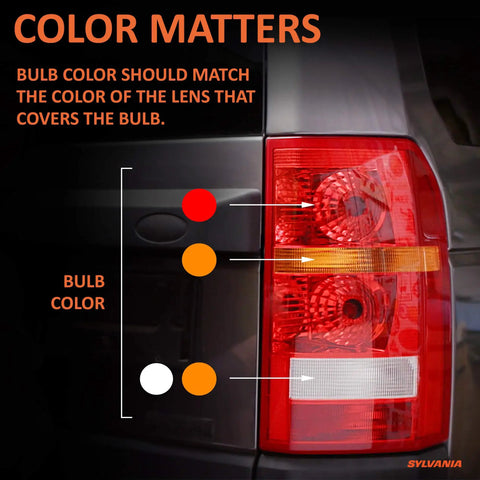 Car tail light with text 'Color Matters' explaining bulb color matching, showing red, amber, and white bulb examples.