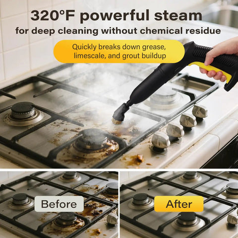 Top Shelf Multi Purpose Steam Cleaner That Crushes Stubborn Tile Grout Burns Off Kitchen Grease And Whips Car Interiors To A Flawless Shine With 23 Heavy Duty Nozzles Chemical Free Deep Cleaning Power in action on a stove.