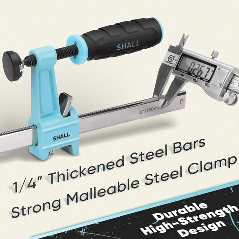 Beefy 6 Inch Steel Bar Clamps Set Four Pack Quick Release F Clamps Medium Duty With 600 Lbs Load Capacity product close-up