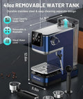 20 Bar Espresso Machine With Auto Milk Frother And Crisp Lcd Screen, Stainless Steel Hot Iced Coffee Maker For Silky Lattes And Bold Macchiatos, No Fuss Kitchen Game Changer showing the 41oz removable water tank and stainless steel design.