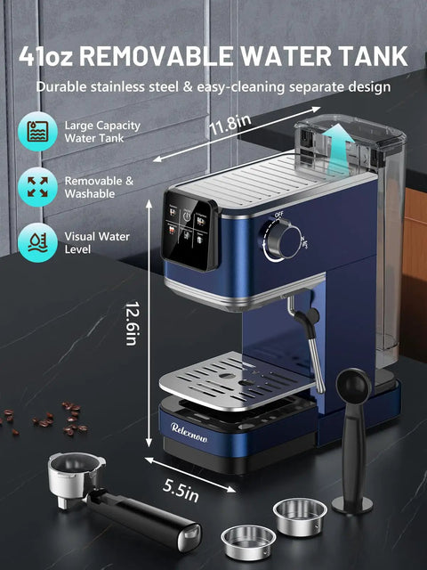 20 Bar Espresso Machine With Auto Milk Frother And Crisp Lcd Screen, Stainless Steel Hot Iced Coffee Maker For Silky Lattes And Bold Macchiatos, No Fuss Kitchen Game Changer showing the 41oz removable water tank and stainless steel design.