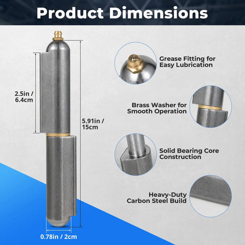 6 Inch Heavy Duty Barrel Hinges Weld On With Grease Fitting And Solid Brass Bushings dimensions showcasing brass washer and steel build.