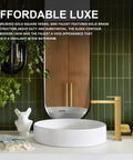Gold Vessel Sink Faucet in Brushed Gold Finish next to a round white vessel sink on a green tiled bathroom counter.