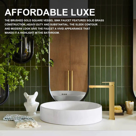 Gold Vessel Sink Faucet in Brushed Gold Finish next to a round white vessel sink on a green tiled bathroom counter.