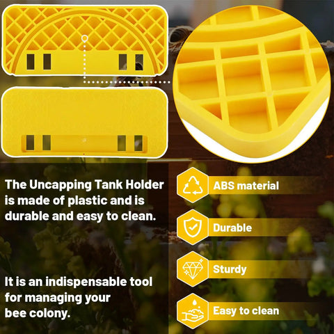 Close-up of Beekeeping Uncapping Kit With Tank Holder And Plastic Scraper Tool Serrated Knife Set For Uncapping Honey Frames Pro Grade Durable ABS Plastic Construction Fits Standard 5 Gallon Buckets And Common Bee Frames highlighting yellow ABS tank holder material and durability features.