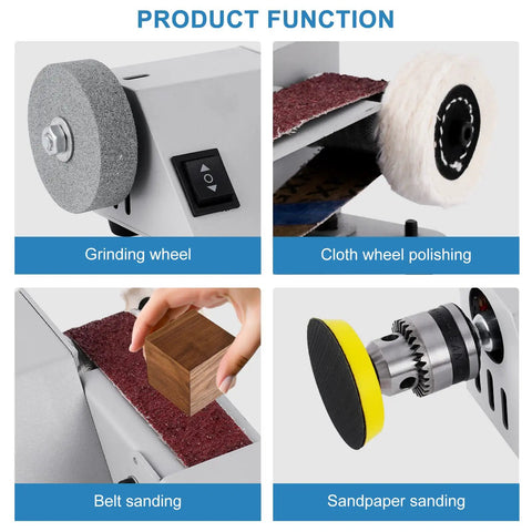 Straight Shooting Mini Electric Belt Sander With Built In Angle Gauge For Zero Sweat Knife Sharpening And Quick Wood Metal Stone Grinding Jobs Around The House functions like grinding wheel, cloth polishing, and belt sanding.