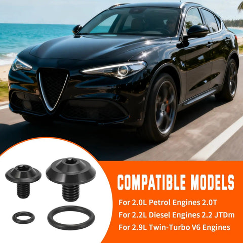 Upgraded Titanium Coolant Bleeder Screw Kit With O Ring In Black Finish For Alfa Romeo Giulia Stelvio 2.0T 2.2 JTDm And 2.9L Twin Turbo V6 Engines Easy Install Durable Metal Hardware For A Leak Free Cooling System with car in background.