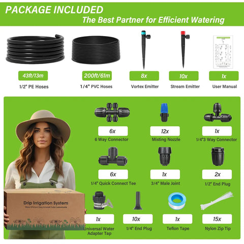 243 Foot Drip Irrigation Kit With Half Inch Hose And Quarter Inch Tubing Quick Connect Drip System package contents