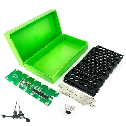 Slam Dunk 48V DIY Battery Case Kit With 30A BMS Guard includes green weatherproof case, black nickel strip foils, and connectors.