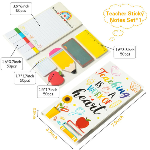 Teaching Is A Work Of Heart Sticky Notes Set for Teachers with 550 Sheets and various pad sizes and designs displayed.
