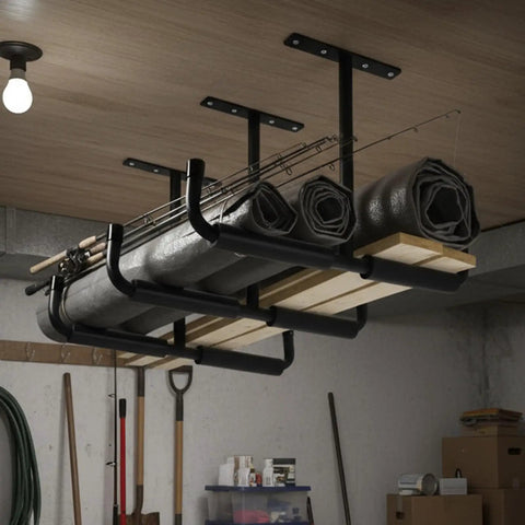 4 Pack Overhead Garage Storage Hooks 17 Inch Heavy Duty Ceiling Mount Hangers Double T Bar Metal Ladder Racks installed