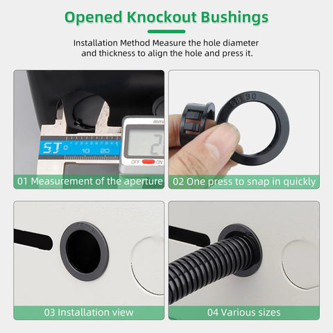 Snap-In Knockout Bushing Grommets 1/2 Inch Black Nylon Plastic Cable Hole Grommets for Wiring and Electrical Installations, installation steps shown