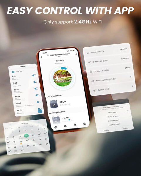 Smartphone screen displaying app control for 8 Zone Smart Sprinkler Controller With Local Weather Intelligence And WiFi App Control