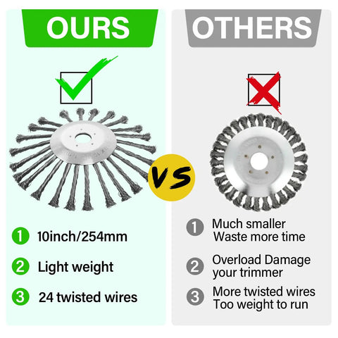 Comparison of 10 Inch Upgrade Steel Weed Eater Trimmer Head with universal adapter kit vs other smaller wire brush cutter.