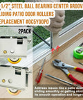 Two Pack Sliding Patio Door Rollers Replacement Kit With One And A Half Inch Steel Ball Bearing Wheels, tools shown