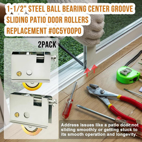 Two Pack Sliding Patio Door Rollers Replacement Kit With One And A Half Inch Steel Ball Bearing Wheels, tools shown