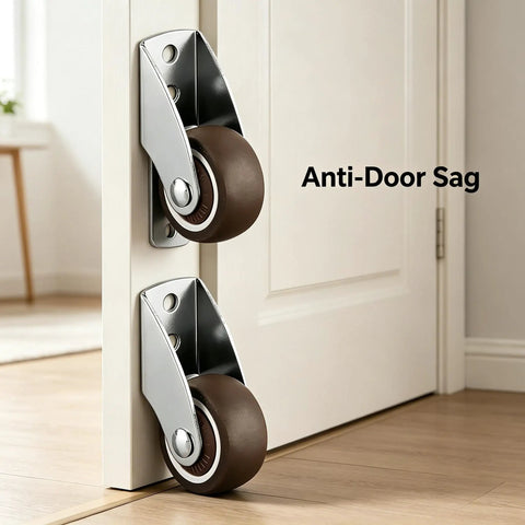 Heavy Duty Anti Sag Gate Caster Wheels Set Of Four With Dead Silent Rubber Rollers To Keep Large Sliding Doors Perfectly Level. Close-up view.