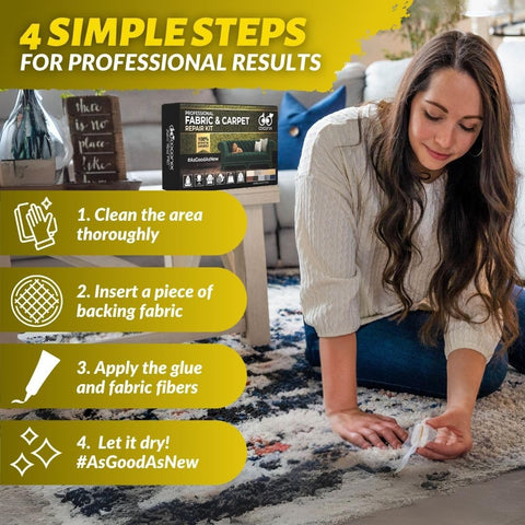 Woman using Fabric And Carpet Repair Kit For Tears, Holes, And Burns Easy DIY Patch on rug with color matching.