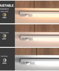 Ultra Thin 66 LED Under Cabinet Lights With Motion Sensor USB Rechargeable 9 Inch 2 Pack showing 3 color temps.