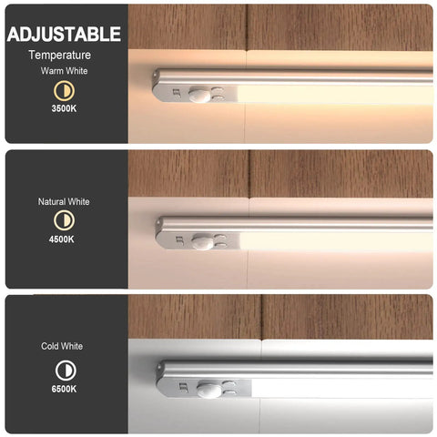 Ultra Thin 66 LED Under Cabinet Lights With Motion Sensor USB Rechargeable 9 Inch 2 Pack showing 3 color temps.