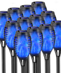 Blue Outdoor Solar Torch Lights 12 Pack With Flickering Flame Waterproof Mini Tiki Torches for Garden and Pathway Lighting