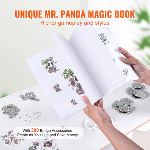 Front view of VEVOR Button Maker kit with Panda Magic Book, featuring metal button parts on a white table