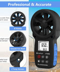 Handheld Anemometer With Digital Wind Speed Gauge And Temperature Readout, Real Time Wind Velocity Meter For CFM Calculations, Pro Grade, Great For HVAC, Outdoor Sailing, Shooting, And Golf. 8-vane black handheld meter with LCD display