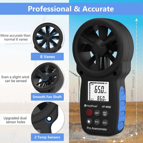 Handheld Anemometer With Digital Wind Speed Gauge And Temperature Readout, Real Time Wind Velocity Meter For CFM Calculations, Pro Grade, Great For HVAC, Outdoor Sailing, Shooting, And Golf. 8-vane black handheld meter with LCD display
