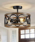 Semi Flush Mount Ceiling Light Fixture With 3 Lights, Open Drum Frame, Dope Modern Rustic Farmhouse Style, Black And Wood Grain Finish, 13 Inch