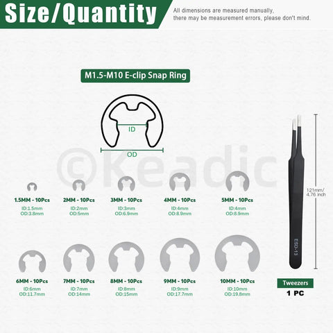 Heavy Duty C Clip And E Clip Snap Ring Set Kit 303 Pcs With 21 C Clip Sizes M4 To M28 And 10 E Clip Sizes 1.5mm To 10mm Plus Tweezers