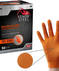Front view of Venom Steel orange nitrile gloves box with textured orange glove palm close-up.