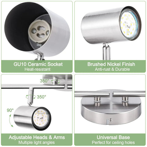 4 Light Brushed Nickel Track Lighting Kit With Adjustable GU10 Heads For Ceiling Install details including socket and base