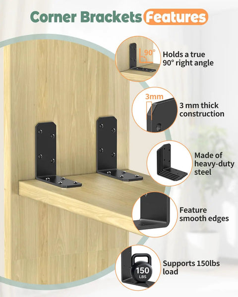 Beefy 3X3 Inch L Brackets Heavy Duty 90 Degree Angle Iron Brace Black Steel Corner Support Crushes 150 Pounds Rust Proof Easy Setup 4 Pack with smooth edges.